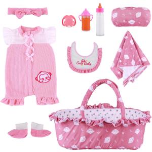 BABESIDE 10 Pcs Reborn Baby Doll Clothes and Accessories Set with Bassinet for 17-22 Inch Dolls, Baby Doll Accessories with Bottles Pacifier for Newborn Dolls Girls, Pink & Bean Paste Color
