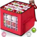 Christmas Ornament Storage Box, Premium Ornaments Organizer with Adjustable Dividers Pockets Clear Window Store Up to 64 Holiday Ornaments Storage Container Bin Zippered for Christmas Decorations Red