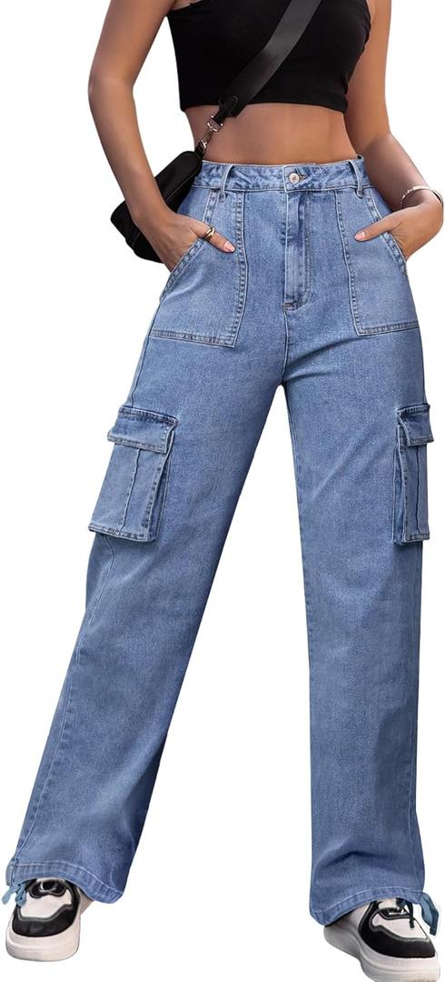 ZMPSIISA Women High Waisted Cargo Pants Wide Leg Casual Pants 6 Pockets Combat Military Trousers (Small, Denim Blue)