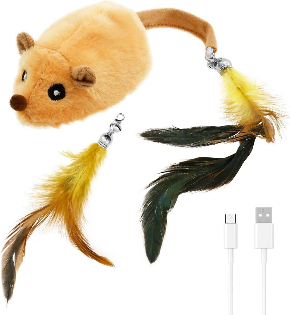 Interactive Cat Toy Mouse, Feather Bell Tail, Realistic Mouse Sounds, Moving Electric Cat Toys Mice Rechargeable with LED Light for Home Pet (Yellow)