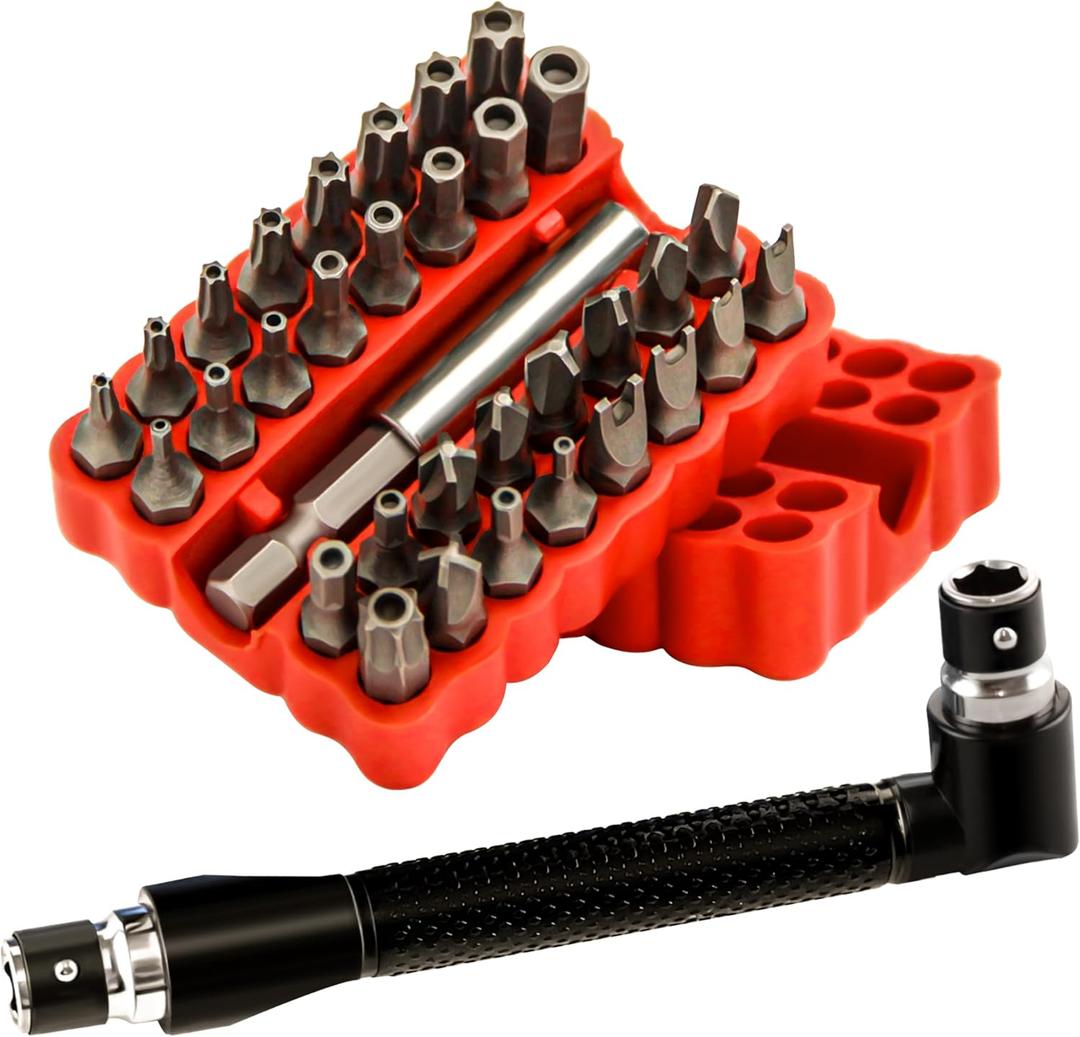 34pcs Security Bit Set 1/4 Inch Hex Shank Screwdriver Bit Set,Tamper Proof Bits-Torx+Hex+Tri Wing+Star+Spanner for Torx Security Screwdriver Set,High Hardness Impact Driver Bit Set(Red+Wrench)