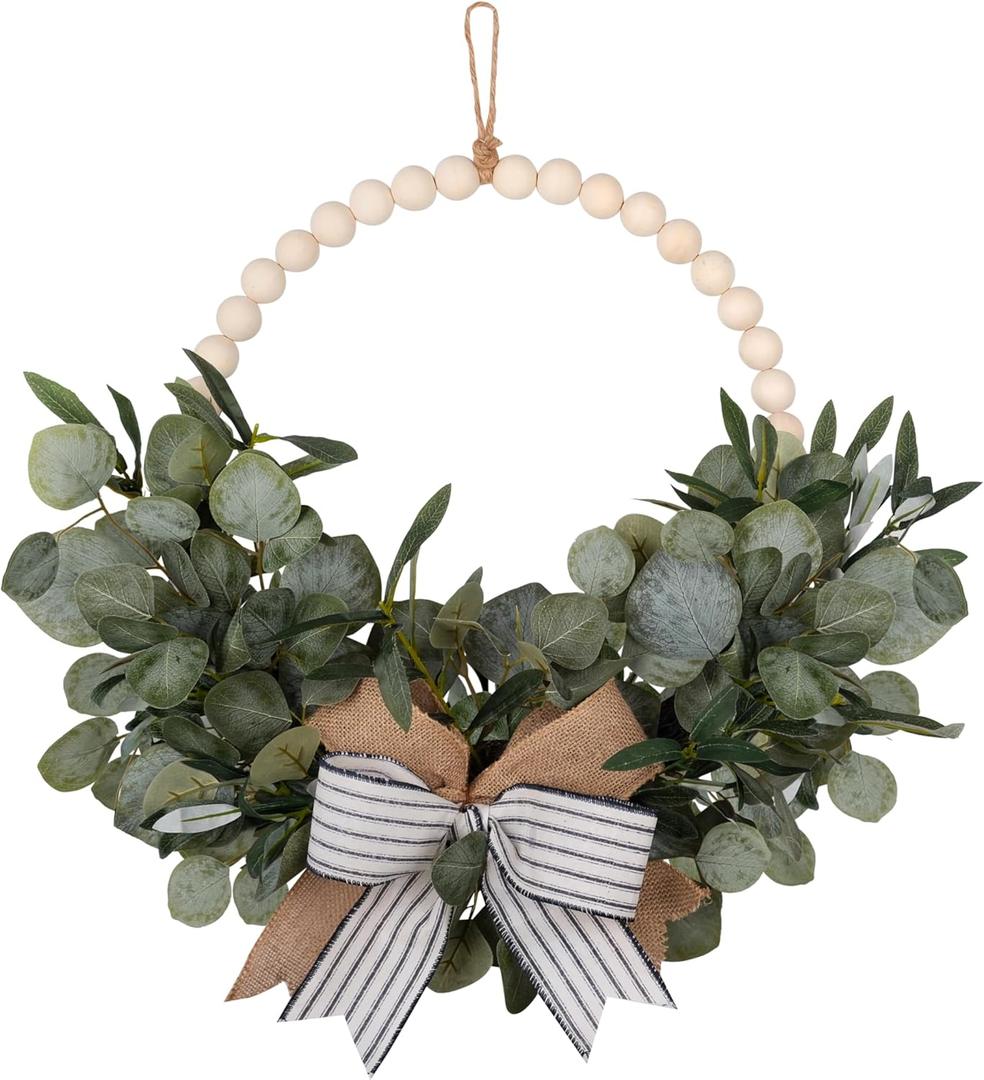 24" Beaded Eucalyptus Wreath with Bow - Boho Eucalyptus Leaves Wreath for Front Door - Spring Wreath, Wood Bead Wreath, Year Round Wreath, Boho Decor, Eucalyptus Decor, Green Home Decor - 24 inches
