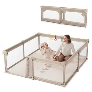 Foldable Baby Playpen with Double Door, 79"71" Extra Large Playpen for Babies and Toddler,Play Yard with Breathable Mesh, Baby Fence Play Area for Indoor & Outdoor,Khaki