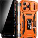 VEGO for iPhone 17 Pro Max Case, with Slide Camera Cover & Privacy Tempered Glass Screen Protector & Ring Kickstand Military Grade Heavy Duty Protection Cover for iPhone 17 ProMax - Orange