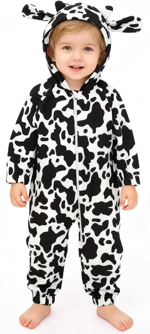 ALVABABY Christmas Baby Bunting Bodysuit with Hood, Romper Jumpsuit Animal Costume Outfit, Soft Warm Onesize Newborn Toddler (12-18 Months, Dairy Cow)