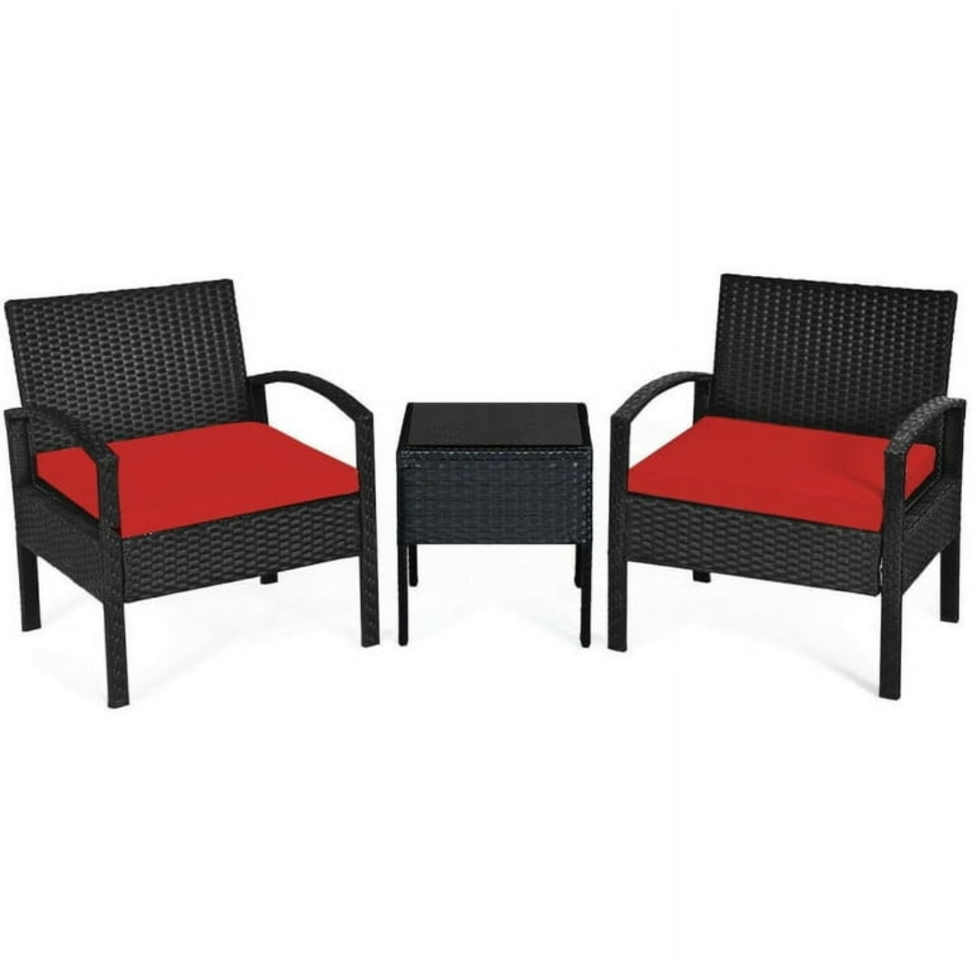 3 -Piece Rattan Patio Conversation Set with Red Cushions