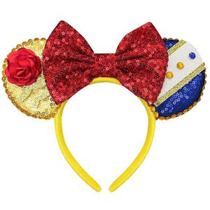 Belle Mouse Ears Headband for Women, Rose Sequin Headband with Red Bows for Princess Costume, Birthday Party