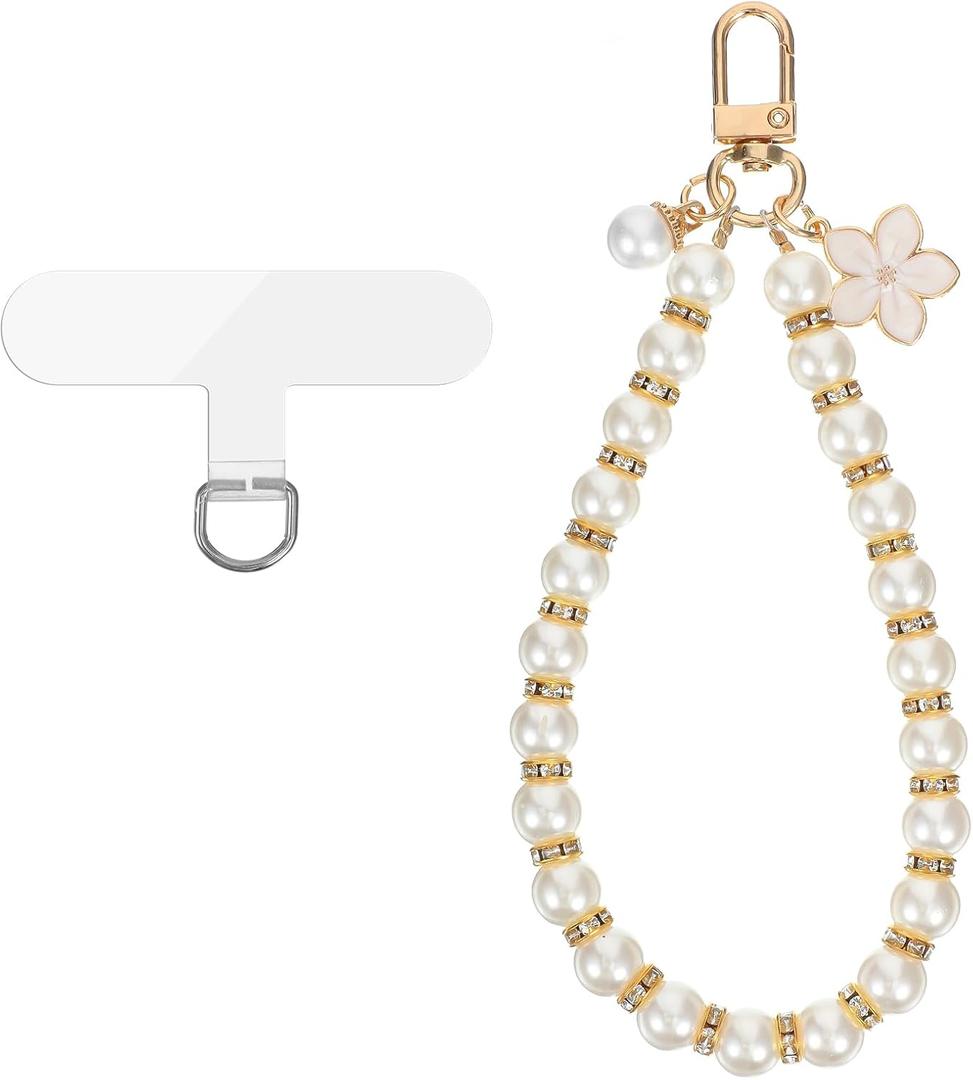 Pearl Phone Strap, Detachable Beaded Cell Phone Wrist Strap, Lanyard Wristlet Keychain Charms for Women - Cute Beaded Chain Bracelet with Clear Tether Tabs