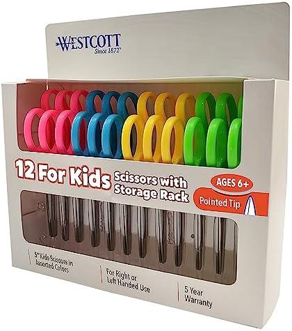 Westcott Right- & Left-Handed Pointed Scissors for Kids Ages 6+, Durable Stainless Steel Blades, Back to School Supplies, Classroom Scissors, Includes Storage Rack, 5-Inch, 12 Pack, Assorted Colors Westcott Right- & Left-Handed Pointed Scissors for Kids Ages 6+, Durable Stainless Steel Blades, Back to School Supplies, Classroom Scissors, Includes Storage Rack, 5-Inch, 12 Pack, Assorted Colors