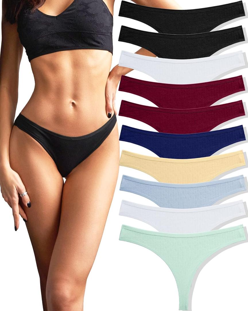 FINETOO 10 pack Cotton Thongs for Women Breathable Low Rise Bikini Lady Panties Womens Underwear Sexy M
