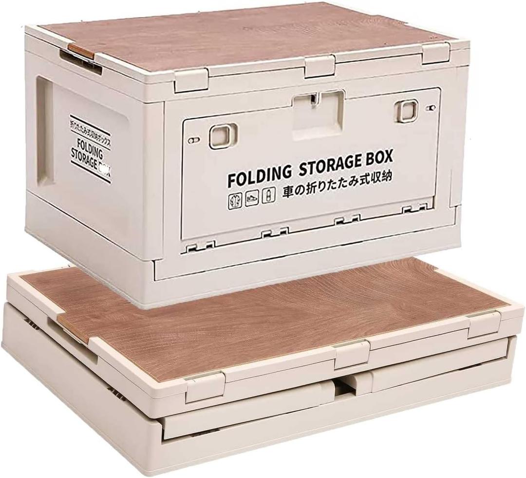 Folding Storage Box with Wooden Cover, Camping Box, Storage Box, 50L Storage Bin, Trunk Organizer, Camping Storage Box, for Camping,car Storage, Home Sorting