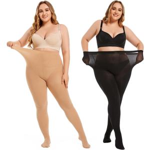2 x Plus Size Tights for Women 80D Soft Solid Color Opaque Pantyhose High Waist Control Top Stockings 2 Pairs (XXXL)