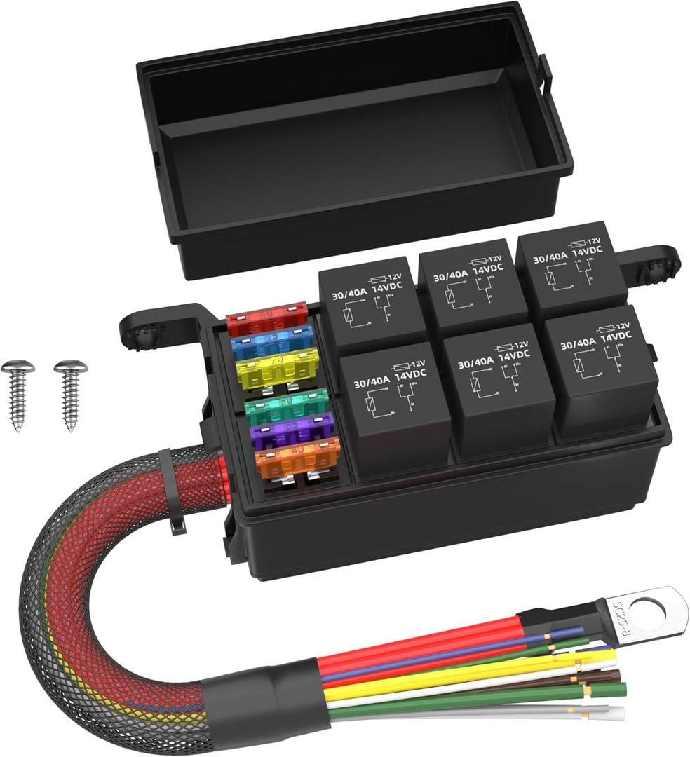 12V Fuse Relay Box 6 Way Relay Fuse Box Pre-Wired Waterproof Relays Box with 6 Relays and 12 ATC/ATO Fuses Relay Panel for Automotive Car Marine Boat