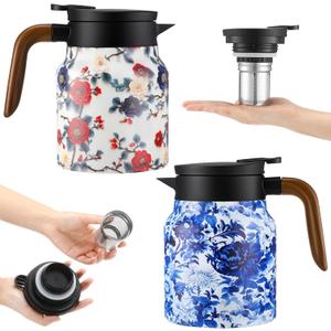 LemonRoad 2 Pcs Vintage Floral Pattern Tea Pot, Vintage Teapot with Infuser, Floral Pattern Tea Pot with Lid, Wooden Handle Thermal Carafe for Hot Drinks Coffee (White, Blue and White Porcelain)
