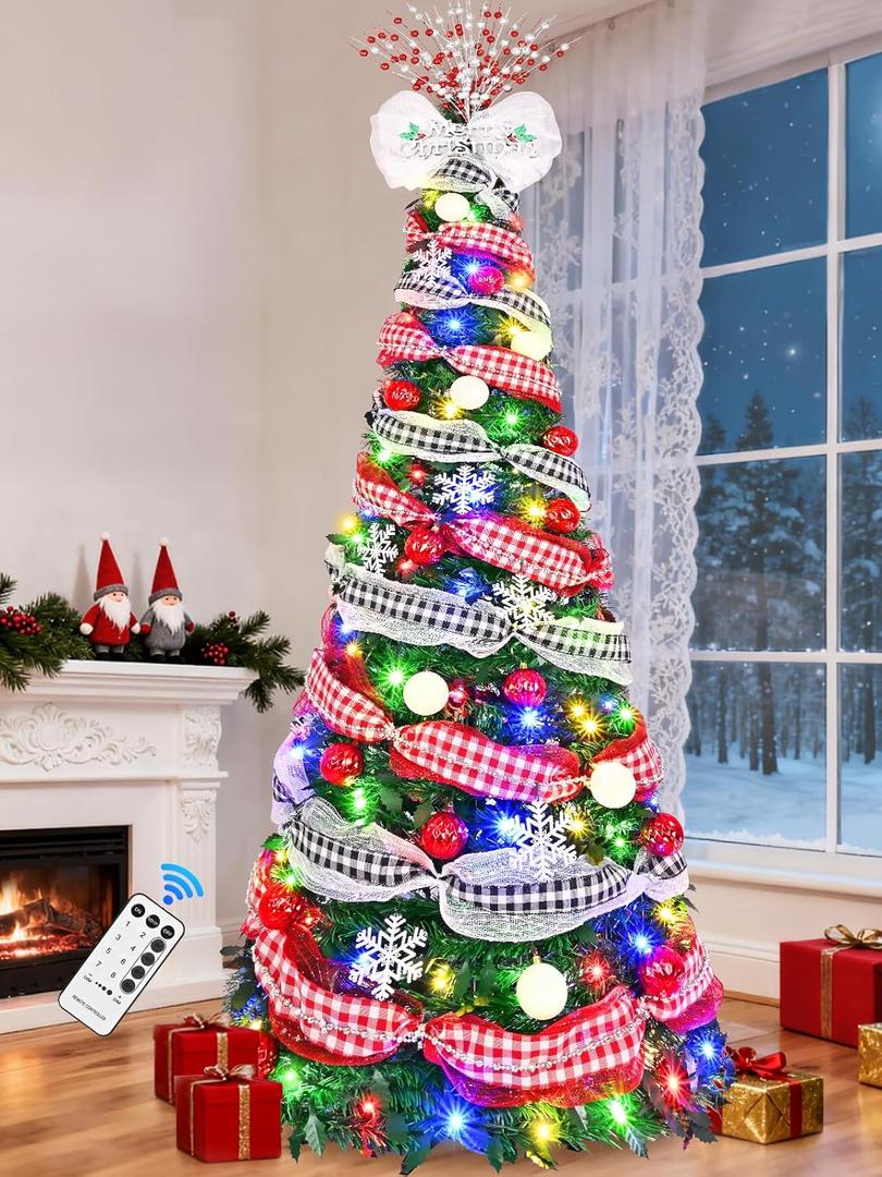 Livole 6FT Pop Up Christmas Tree with 200 LED Lights, Collapsible Predecorated Artificial Christmas Tree with Ball Ornaments & Remote Control, Indoor Xmas Tree for Holiday Party