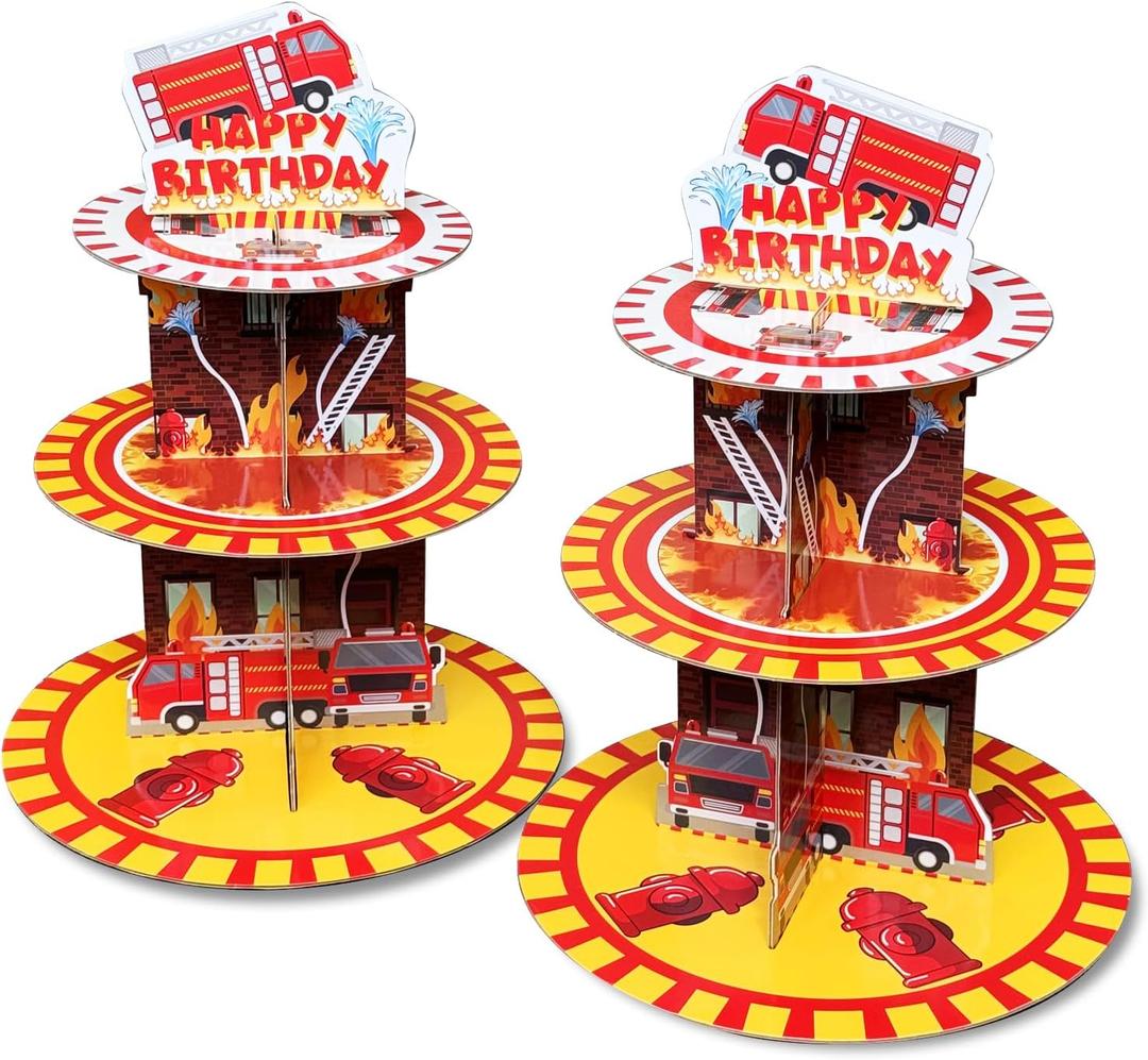 2 Pack Firetruck Cupcake Stand Birthday Party Supplies, Firefighter Cup Cake Tower Stand Red 3 Tier Cardboard Cupcake Stand Display Dessert Holder for Boys Fire Truck Theme Party Decorations Favors