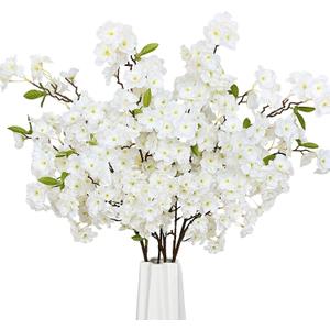 Sunm Boutique White Cherry Blossom Flowers, Artificial Cherry Blossom Decor Faux Cherry Blossom Branches Vase Arrangements for Wedding Home Party Kitchen Decor, Set of 3 (White With Leaves)
