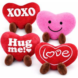 ArtCreativity Set of 4 Small Valentines Plush Hearts - Cute Love Heart Plush Toys in Assorted Designs - Stuffed Love Heart Toy Set - Decorations and Valentines Gifts for Kids, Girlfriend, Wife