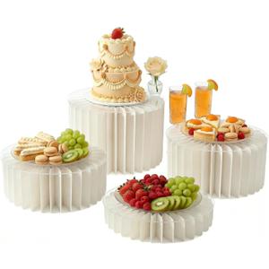 iobiotio Foldable Cake Stand Set, Reusable Buffet Risers, 4 Pack Round Dessert Stands with Acrylic Tops, Cardborad Display Stands for Weddings, Birthdays, Baby Showers, Parties, Home Decor, White