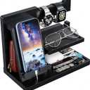 Yirilan Wood Phone Docking Station for Man, Nightstand Charging Organizer and Cell Phone Stand, Birthday Gifts for Men, Dad, Anniversary, Key Holder, Stand Wallet, Watch & Essentials (Black)