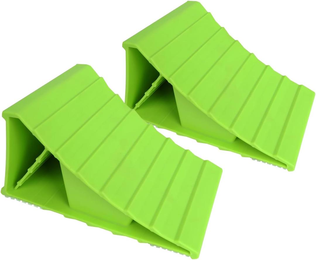 MaxxHaul High Visibility Polypropylene Wheel Chocks 2-Pack 8.4" x 4.75" x 4.25" Non-Slip Base Lightweight Durable Tire Chocks for Cars Trailers and Small RVs Neon Green (50230)