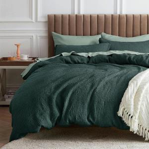 Bedsure Waffle Comforter Set King, Forest Green Soft Cotton Bedding, Waffle Weave Bed Set, 3 Pieces, 1 Comforter (104"x90") and 2 Pillow Shams, Premium Cotton Cover with Polyester Fill for All Seasons (03 - Forest Green)