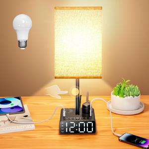 BTU Bedside Table lamp with Alarm Clock - 3 Color Temperatures Bedside Lamps with USB C and A Ports,Table Lamps with AC Outlet, Nightstand Lamps for Kids Room, Living Room, College Dorm, Home, Office
