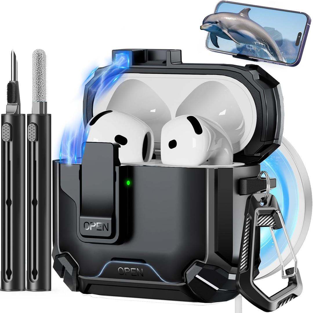 Pohgelan Compatible with AirPods 4 Case,Magnetic Automatic Lock with Phone Stand & Cleaning Kit,Compatible with Magsafe Cover -Black
