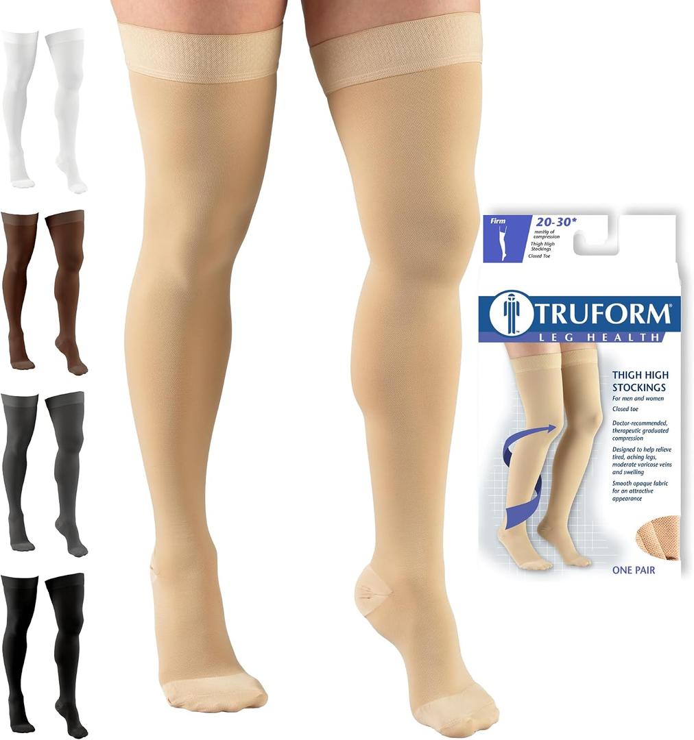 Truform 20-30 mmHg Compression Stockings for Men and Women, Thigh High Length, Dot Top, Closed Toe, Beige, Large
