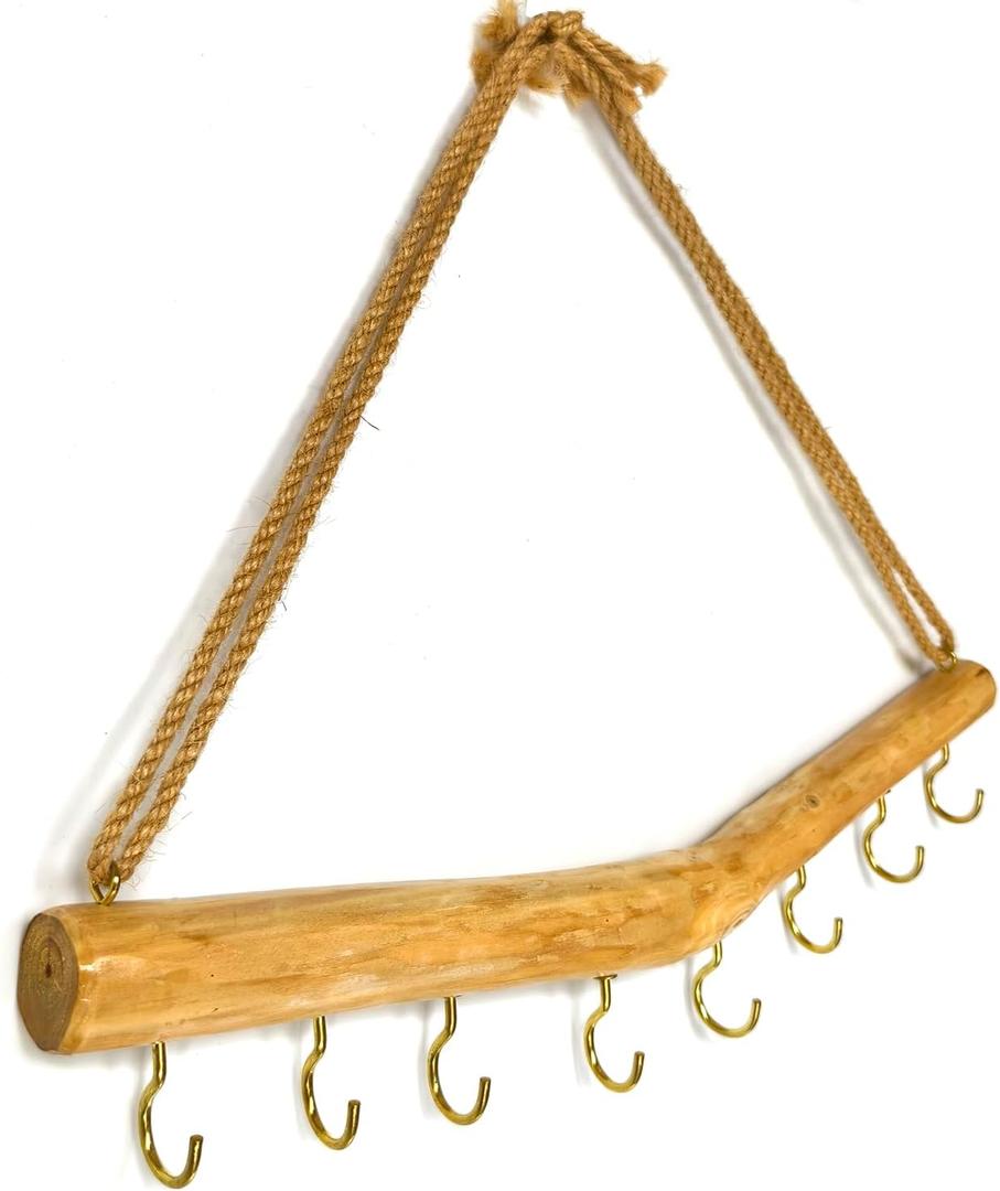 15.7-Inch Rustic Wood Wall Hanging Jewelry Organizer Handmade Natural Wood Logs Branch Decor (Branch with 8 Metal Hooks)