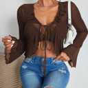 GORGLITTER Women's Sheer Bell Long Sleeve Crop Tops Y2K Fall Mesh Tie Front Gothic Concert Going Out Tops Trendy Dressy (Brown, L)