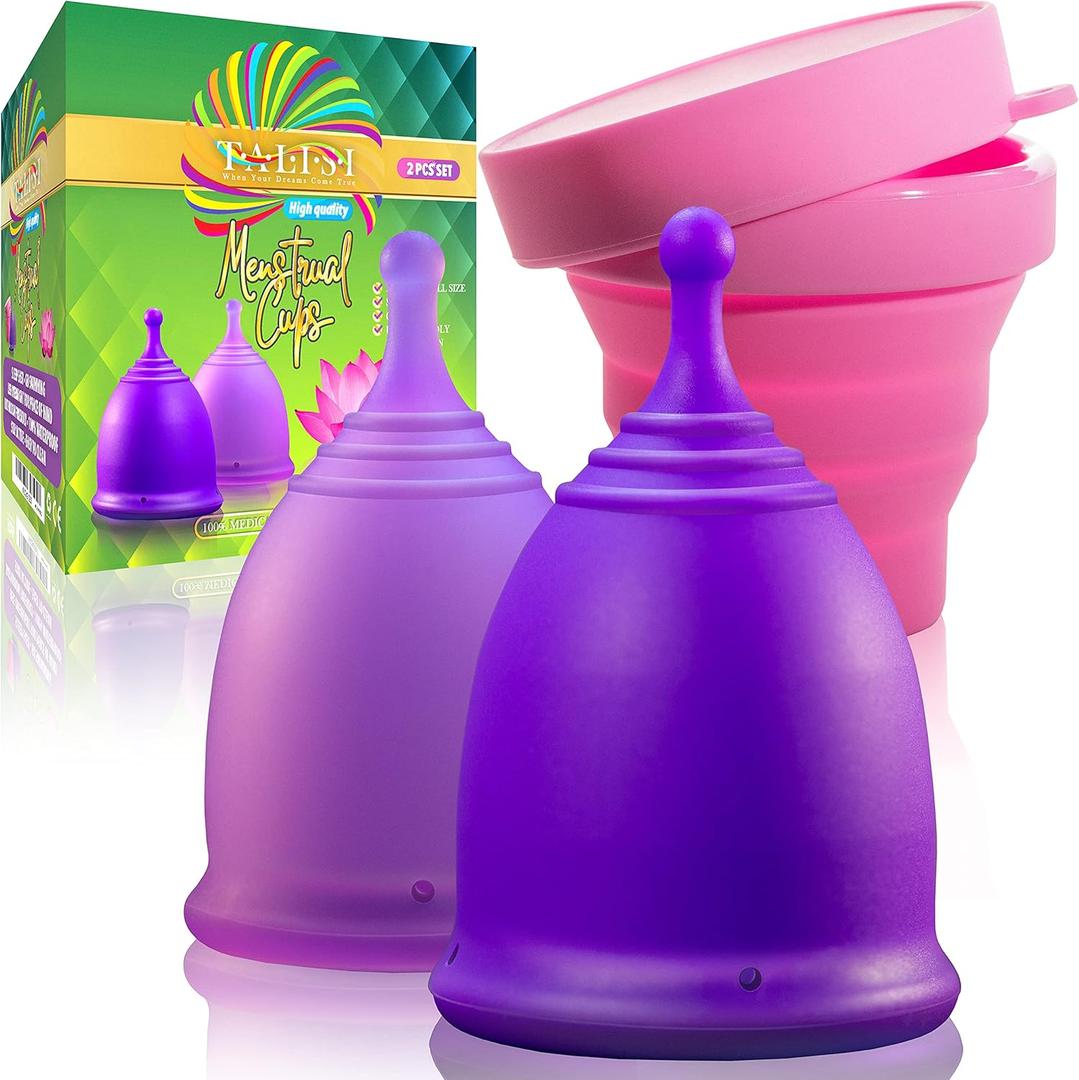 Talisi Reusable Menstrual Cup (Small & Large) Set of 2 with Foldable Silicone Sterilizer, Copa Menstruelle, Soft Period Cup, Heavy & Light Flow, Feminine Hygiene, Tampons, Pads & Disc Alternative (Round Steam)