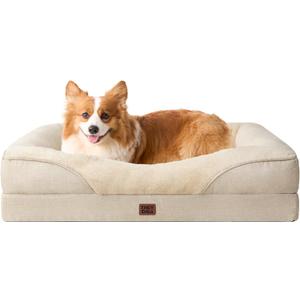 EHEYCIGA Orthopedic Dog Bed for Medium Dog, 35x22x6.5 Inch Memory Foam Dog Couch Bed with Sides, Waterproof Liner & Washable Removable Cover, Bolster Pet Sofa, Beige