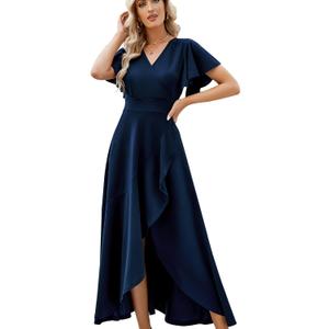 Long Black Formal Dresses for Women Gowns Evening Party Cocktail Dress,Split Elegant V Neck Wrap Ruffle Wedding Guest Dresses (Large)