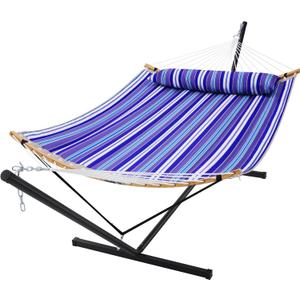 SUPERJARE Curved-Bar Hammock with Stand, 2 Person Heavy Duty Hammock Frame, Detachable Pillow & Portable Carrying Bag, Perfect for Outdoor & Indoor, Deep Ocean Fine Stripe