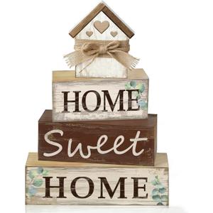 4 Pcs Farmhouse Tiered Tray Decor Home Sweet Home Rustic Wooden Tabletop Sign Neutral Heart House Shaped Shelf Mantle Kitchen Decoration Housewarming Gifts