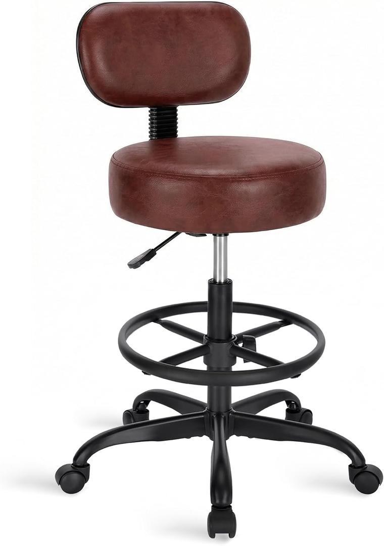 SUPERJARE Drafting Chair with Backrest, Adjustable Foot Rest Rolling Stool | Multi-Purpose Shop Stool, Drafting Stool, Office Desk Chair, Bar Stools with Thick Seat Cushion for Home Kitchen,Rustic Brown 