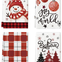 Red Xmas Tree Snowman Christmas Kitchen Towels Dish Towels, 18x26 Inch Farmhouse Holiday Bird Winter Decoration Cleaning Set of 4