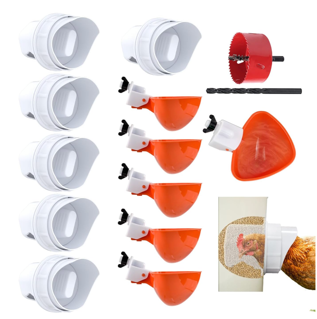 Chicken Feeder and Waterer Automatic Chicken Feeder No Waste Poultry Feeder Kit for Buckets Barrels Bins Troughs, 6 Ports and 6 Water