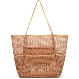 Tainehs Beach Bag - Mesh Tote Bag Beach Vacation Clothes for Women Pool Bag for Travel Pool Family Cruise Essentials 2026, 14.17 inches long by 6.69 inches wide by 15.36 inches high, A-khaki