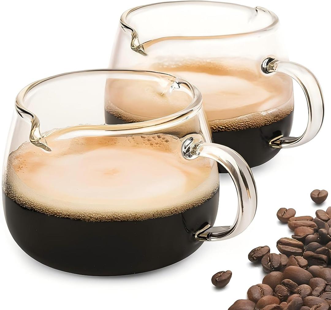 Espresso Cups for 4 Oz, Glass Coffee Cups V-Shaped Double Spouts with Handle for Cappuccino, Tea, Milk and Latte Set of 2, Small
