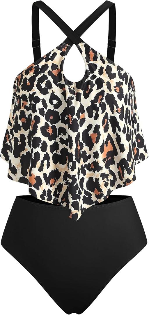 ZAFUL Two Piece Women's Tankini Swimsuits Cross Cutout Flowy Swim Top Tummy Control Ruched Bikini Bottom Bathing Suits (1-leopard Black)
