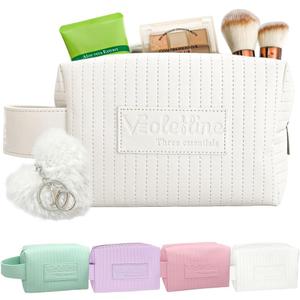 Travel Makeup Bag, Large Capacity Cosmetic Bag for Women, Water resistant Portable Pouch Open Flat Toiletry Bag Makeup Organizer with Handle (White)