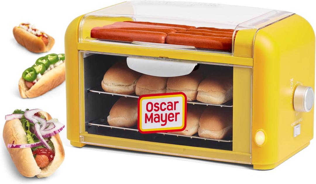 Nostalgia Oscar Mayer Extra Large Countertop 8 Hot Dog Roller and Bun Toaster Oven - Stainless Steel Rollers and Non-stick Warming Racks - Adjustable Timer, Compact