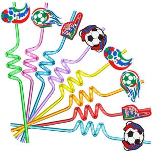 Domensi 24 Pack Soccer Party Straws with Toppers for Sports Party Favors, Soccer Ball Themed Decorations, Fun Reusable Cute Silly Football Themed Plastic Straws for Game Day, 10.6 in / 27 cm long