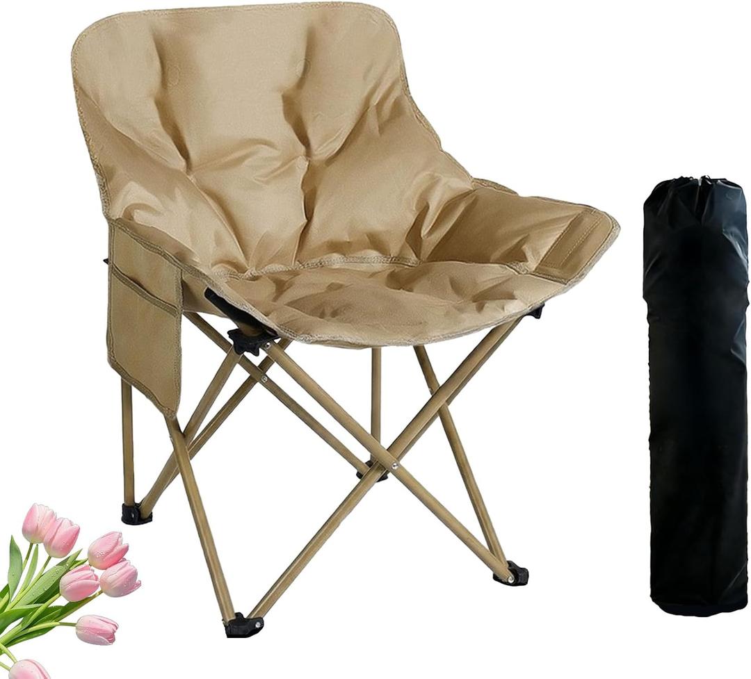 Outdoor 3-Layer Padded Moon Chair, Thick Cotton Cushion, 600D Oxford Fabric, Portable Folding Camping Chair with Side Pocket, Supports up to 300 lbs, 26" x 15" x 15" (Brown/Compact)