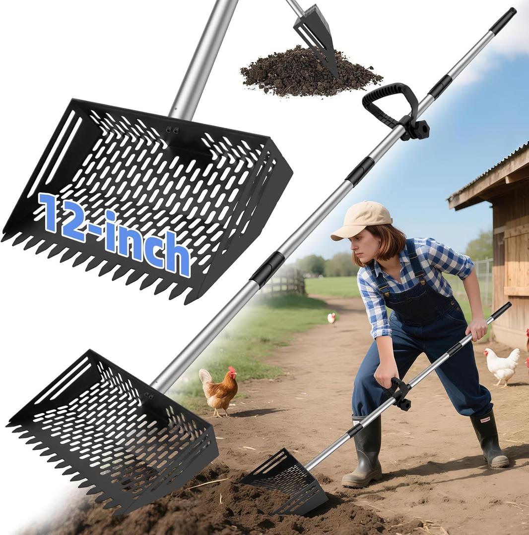 Chicken Poop Scooper & Rake 2-in-1, 4 in 1 Stainless Steel Handle 12 in Chicken Coop Pooper Shovel (23 to 62"), for Animal Sheds, Scoop with Ergonomic Handle, Scooper Sand Sifting Shovel