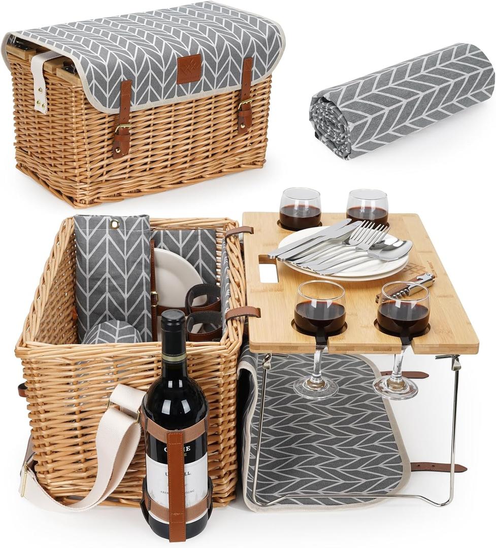 WILLOW WEAVE Luxury Picnic Basket, Wicker Picnic Basket Set for 4, Picnic Basket with Blanket & Portable Table for Camping and Outdoor Party - Gray