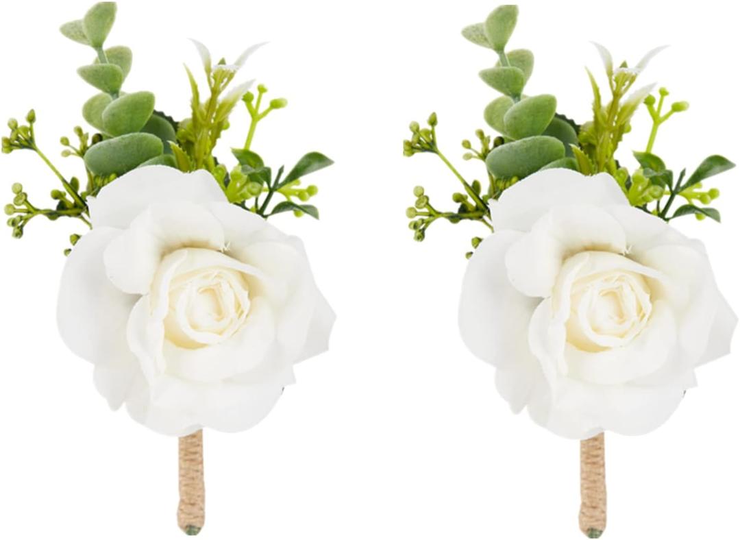 Meldel Ivory White Rose Boutonnieres for Men Wedding, Set of 2, Artificial Corsage for Prom, Groom and Groomsmen Boutonniere for Ceremony, Formal Dinner Party, Fall Rustic Wedding, Homecoming