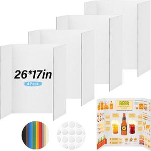 4 Pcs Trifold Poster Board, 26x17 inches White Poster Board Comes with Sticky Accessories, Corrugated Presentation Boards, Display Board for School Projects, Business Presentations